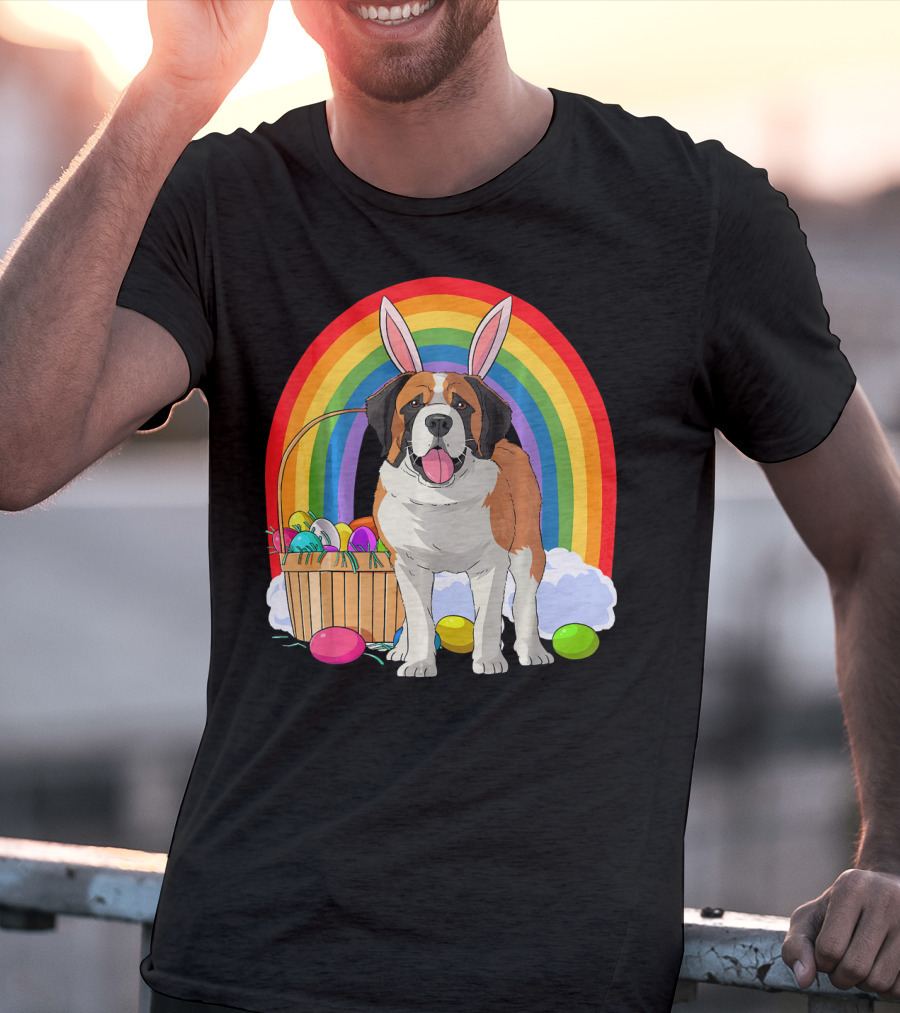 Saint Bernard Bunny Dog With Easter Eggs And Rainbow T-Shirt