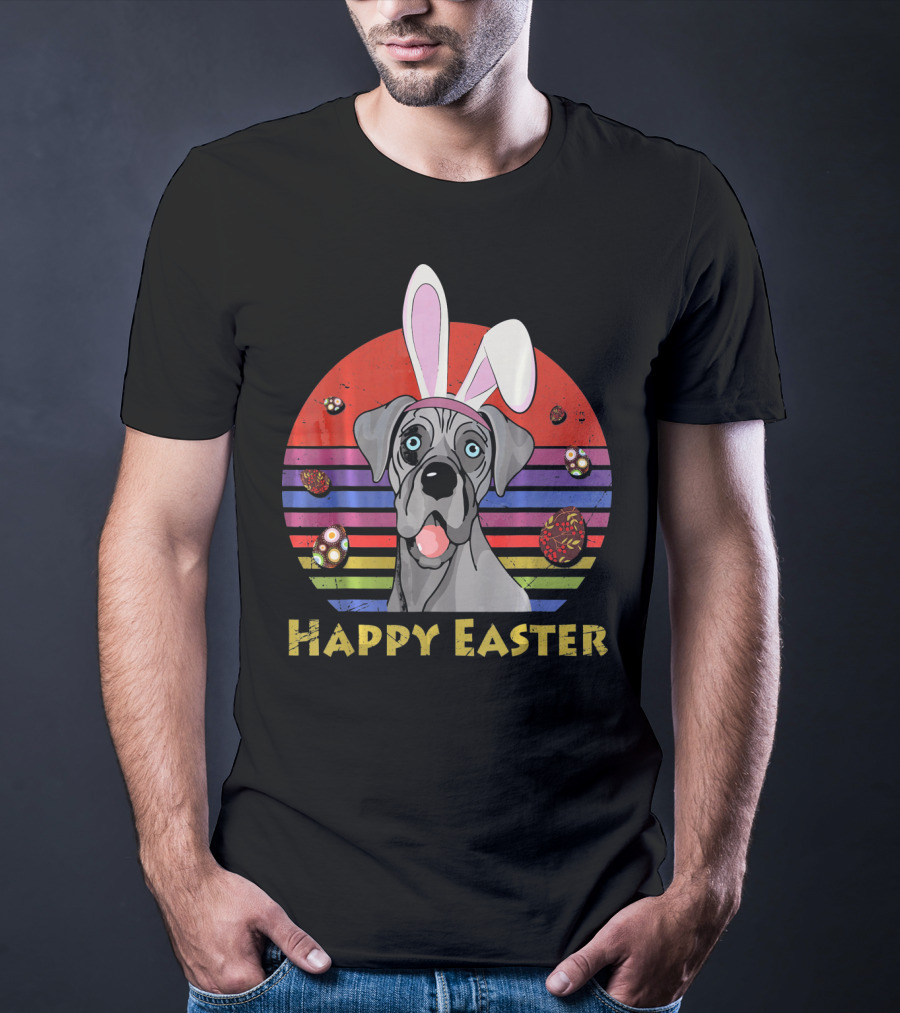 Great Dane With Bunny Headband Happy Easter Stripes And Eggs T-Shirt