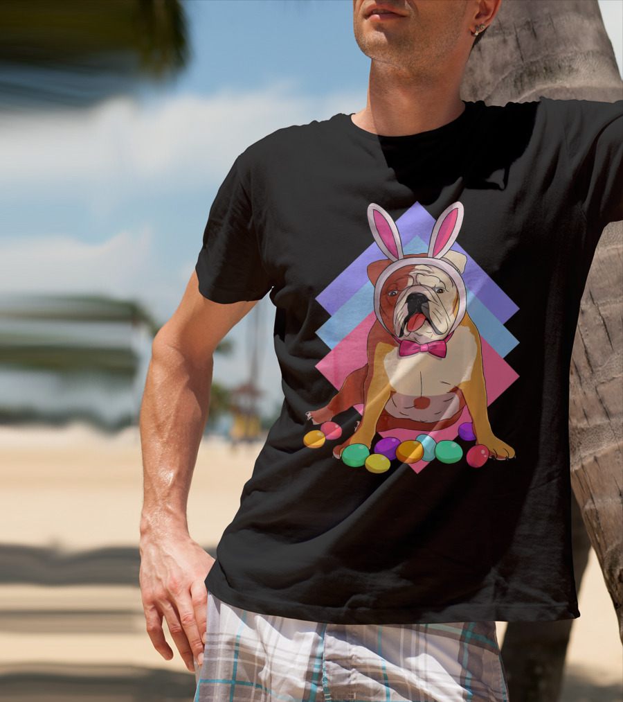 Easter Eggs Bulldog With Bunny Ears And Bowtie T-Shirt