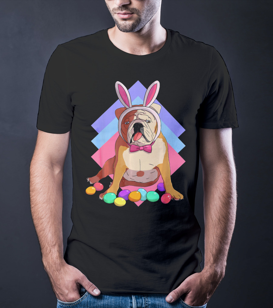 Easter Eggs Bulldog With Bunny Ears And Bowtie T-Shirt