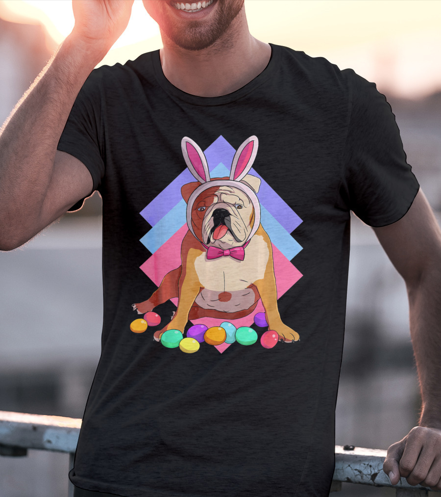Easter Eggs Bulldog With Bunny Ears And Bowtie T-Shirt