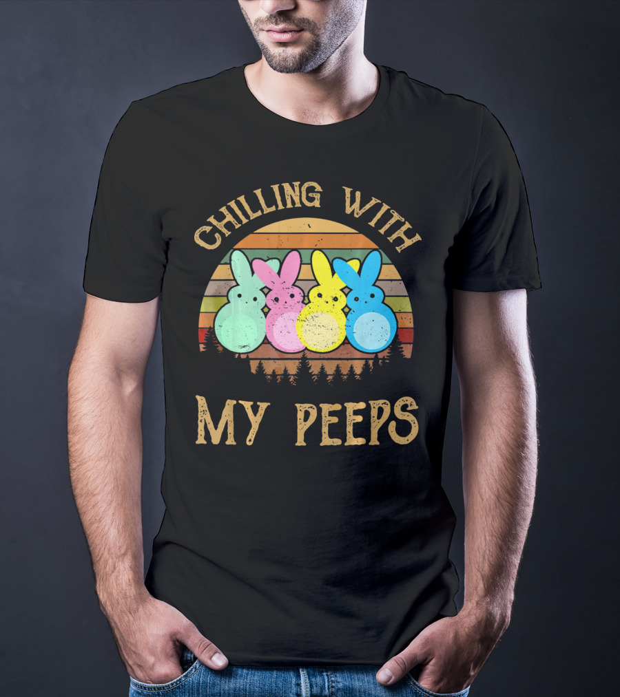 Chilling With My Peeps Vintage Easter Bun Bunnies Retro Sunset Stripes T-Shirt