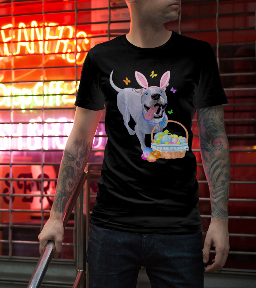 Gray Pit Bull Puppy With Bunny Ears And Easter Basket T-Shirt