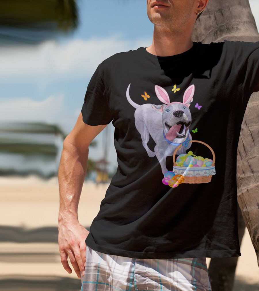 Gray Pit Bull Puppy With Bunny Ears And Easter Basket T-Shirt