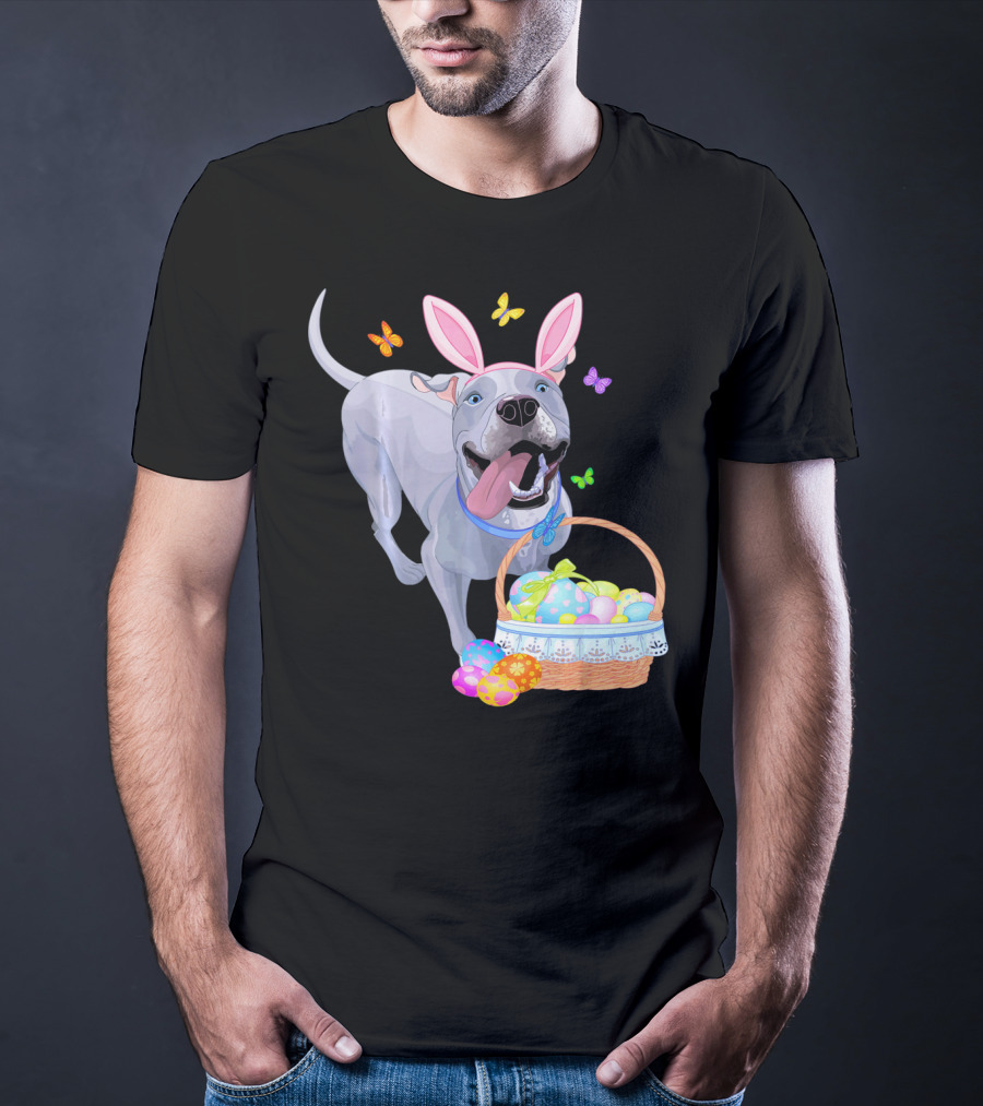 Gray Pit Bull Puppy With Bunny Ears And Easter Basket T-Shirt