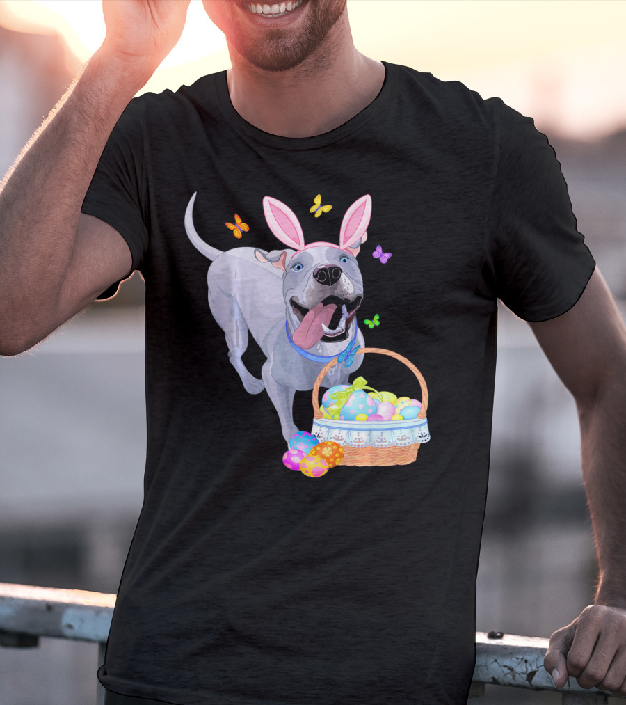 Gray Pit Bull Puppy With Bunny Ears And Easter Basket T-Shirt
