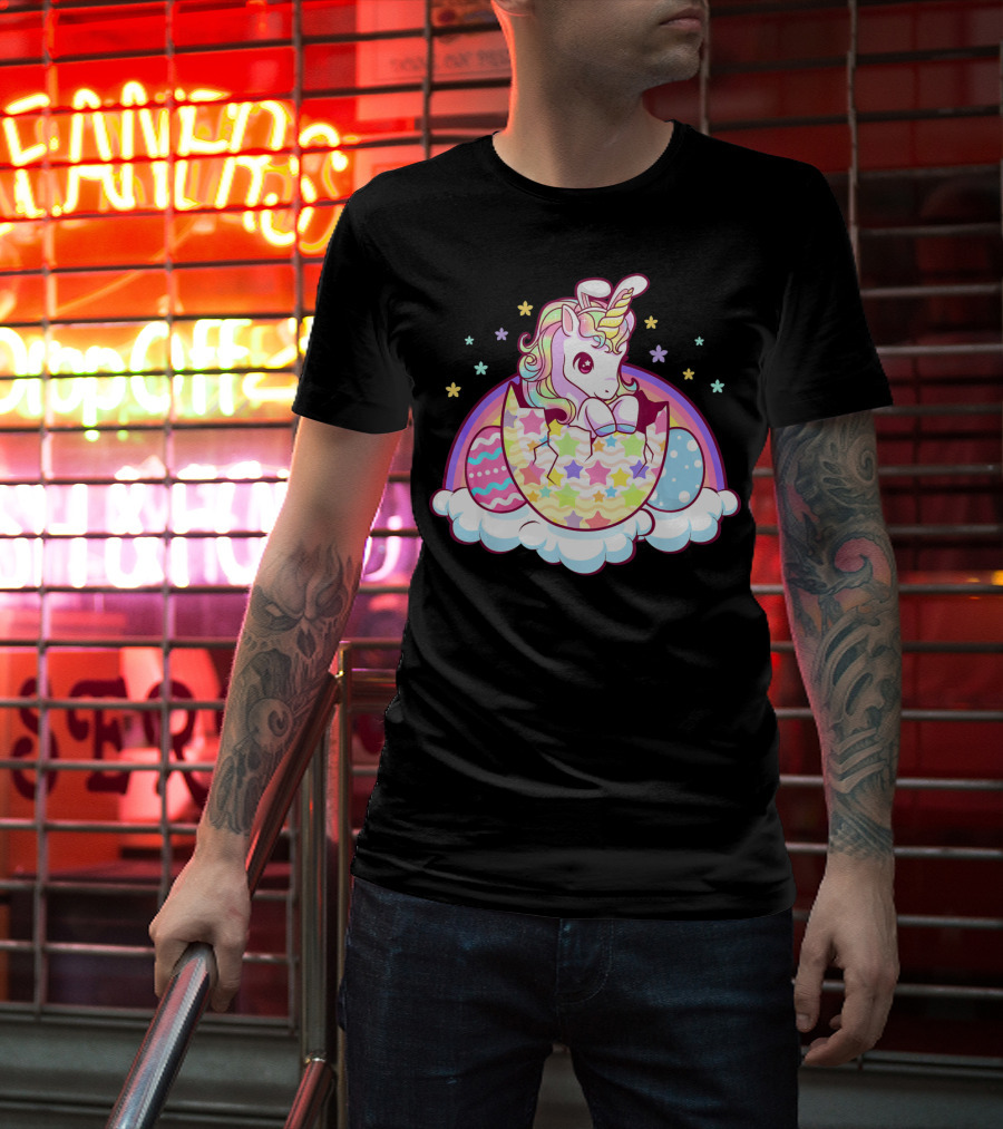 Easter Unicorn Hatching From Egg With Rainbow And Stars T-Shirt
