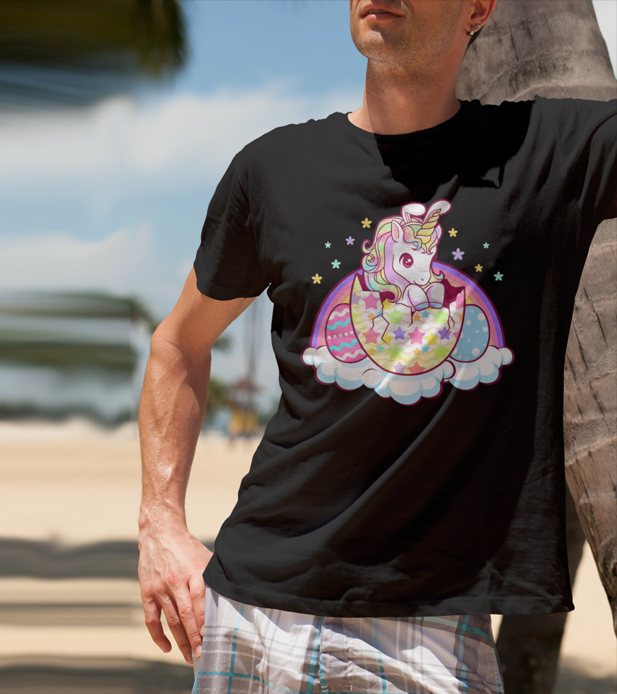 Easter Unicorn Hatching From Egg With Rainbow And Stars T-Shirt