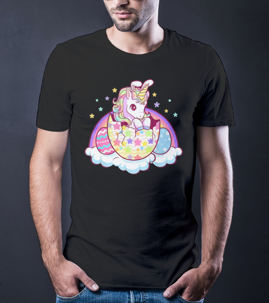 Easter Unicorn Hatching From Egg With Rainbow And Stars T-Shirt