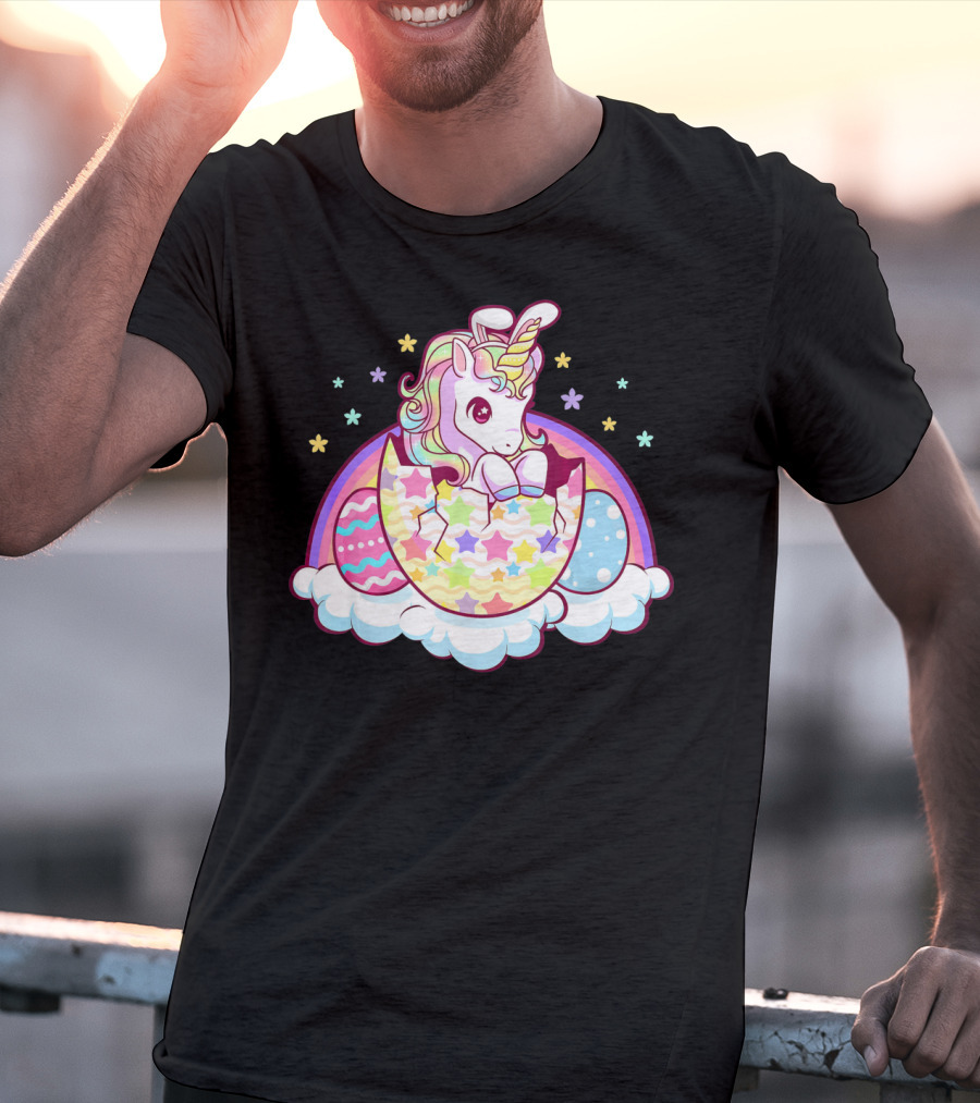 Easter Unicorn Hatching From Egg With Rainbow And Stars T-Shirt