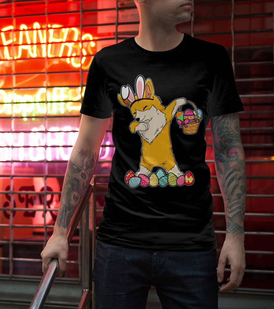 Corgi Dabbing Easter Basket Bunny Ears Eggs T-Shirt