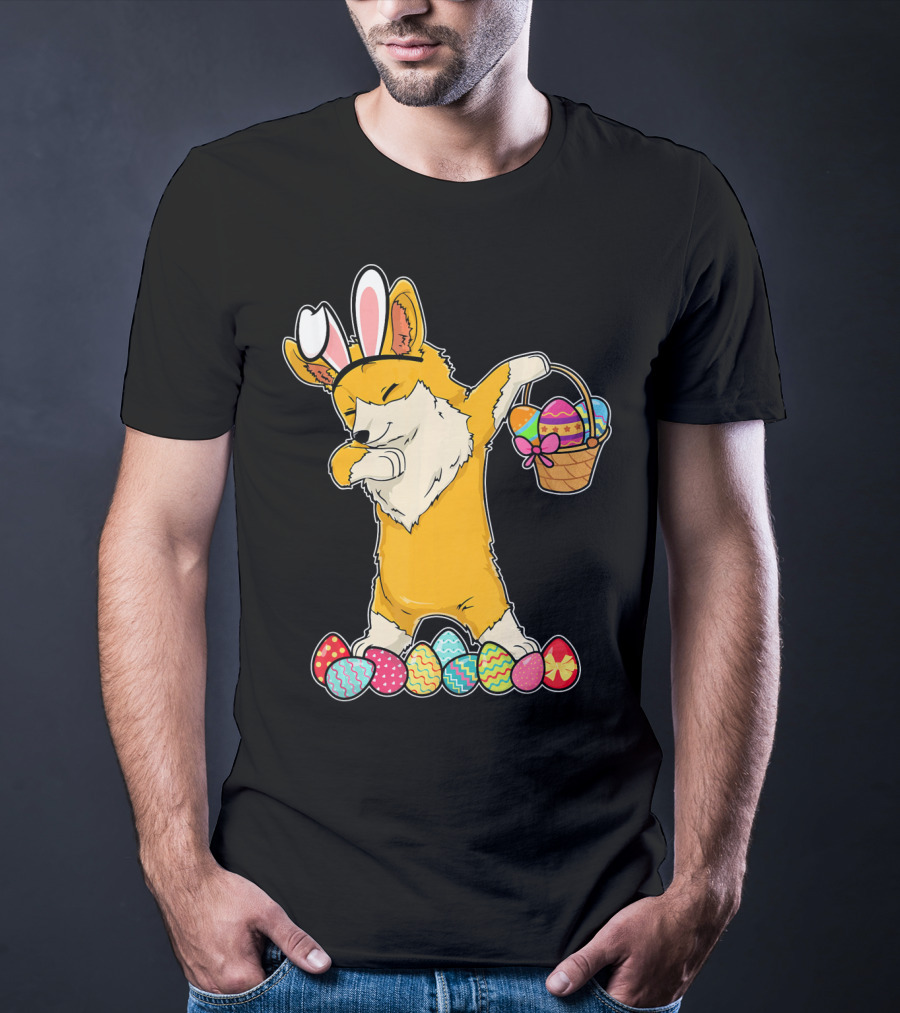 Corgi Dabbing Easter Basket Bunny Ears Eggs T-Shirt