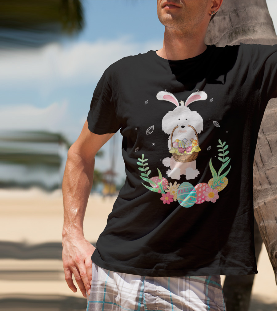 Poodle Bunny Ears Easter Egg Basket Spring Leaves T-Shirt
