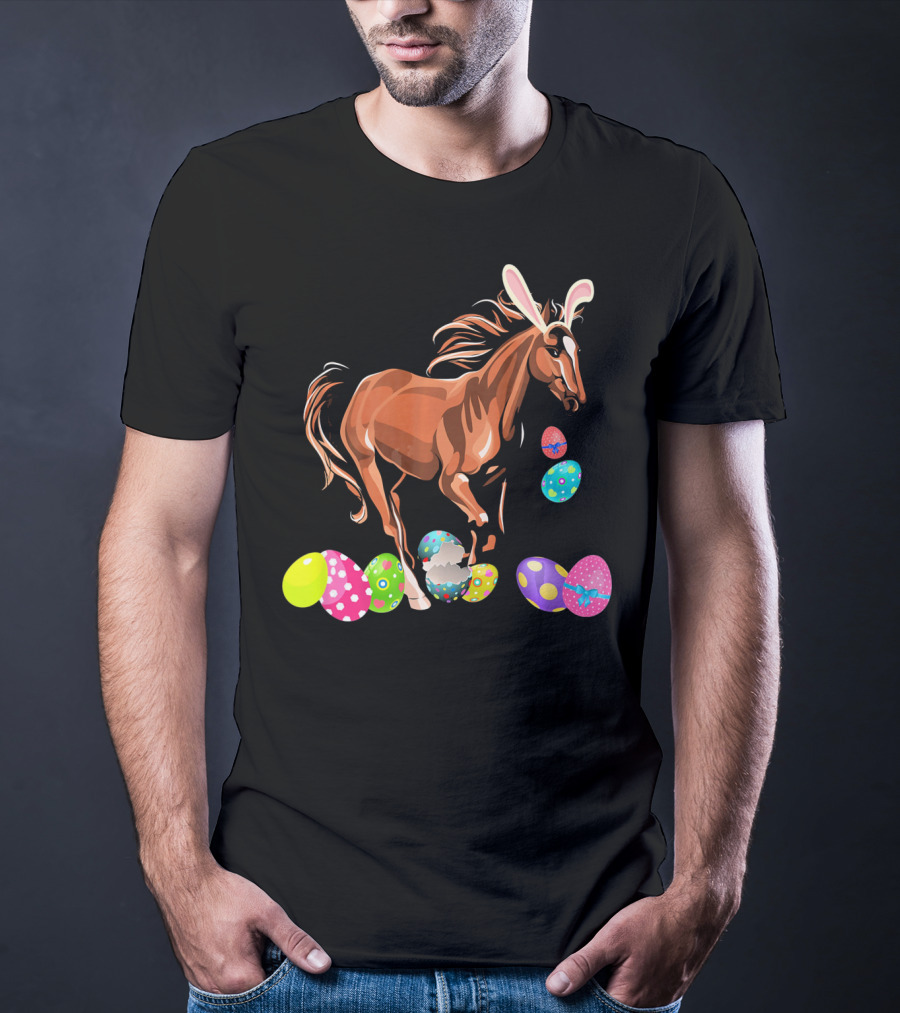 Horse With Bunny Ears Among Colorful Easter Eggs T-Shirt
