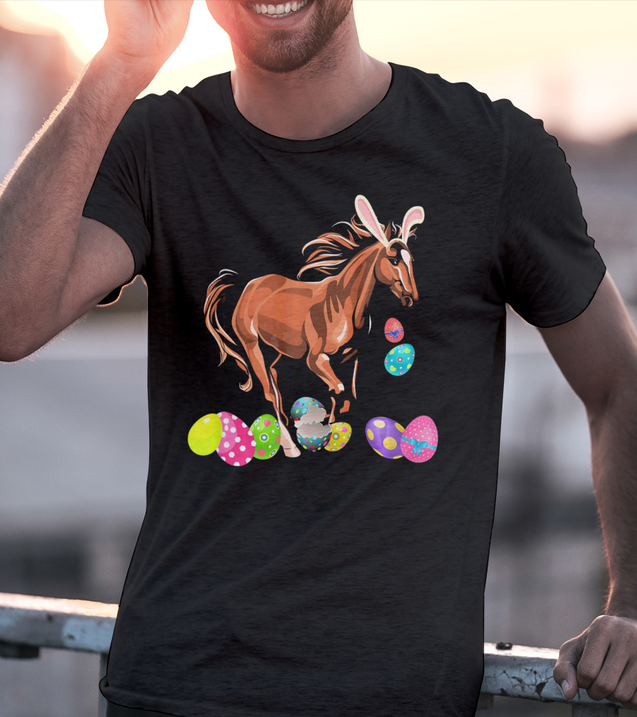 Horse With Bunny Ears Among Colorful Easter Eggs T-Shirt