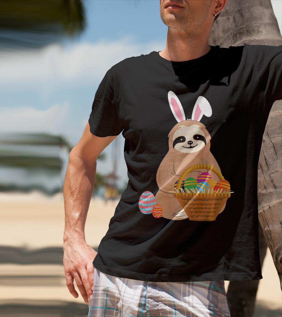 Easter Sloth Bunny With Colorful Eggs Basket T-Shirt