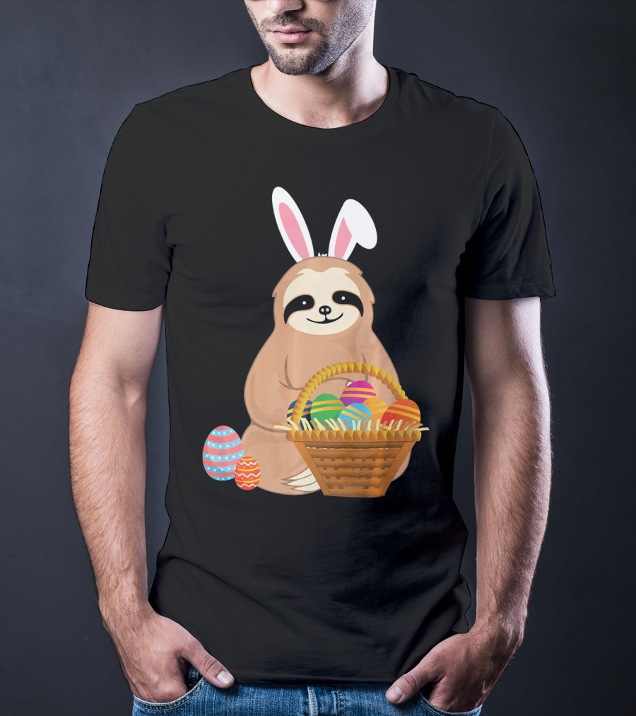 Easter Sloth Bunny With Colorful Eggs Basket T-Shirt