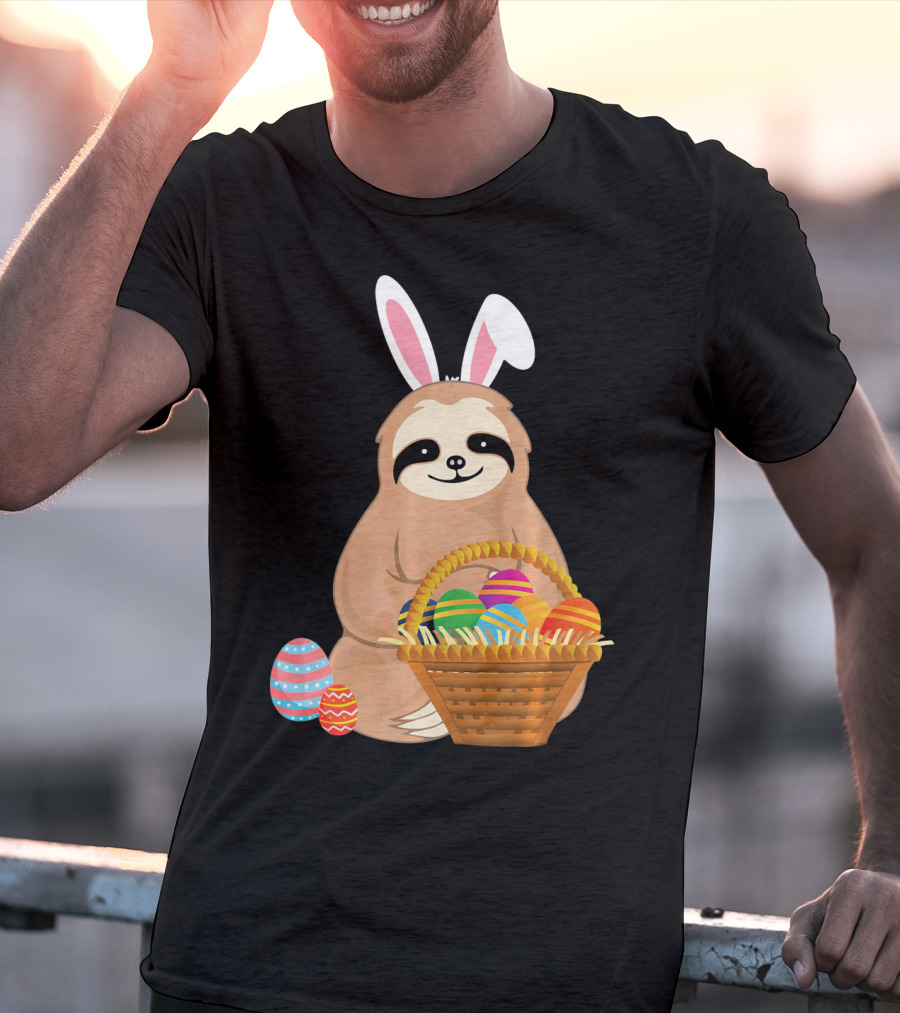 Easter Sloth Bunny With Colorful Eggs Basket T-Shirt