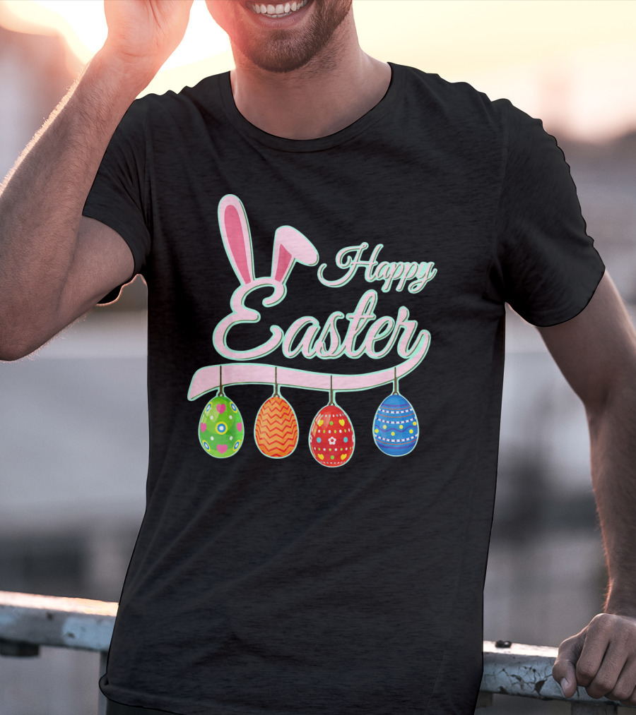Happy Easter Bunny Ears Hanging Colorful Eggs T-Shirt