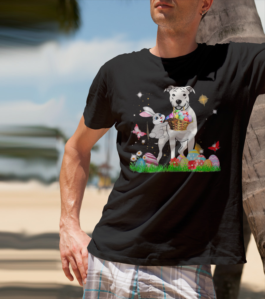 Easter Day Dogo Argentino With Bunny Basket Of Eggs And Butterflies T-Shirt