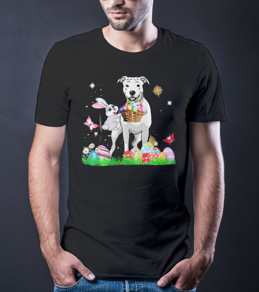 Easter Day Dogo Argentino With Bunny Basket Of Eggs And Butterflies T-Shirt