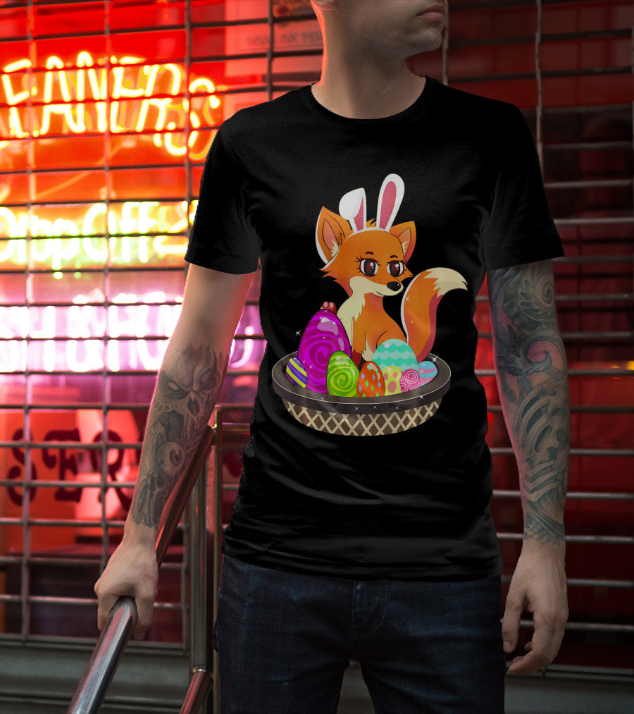 Easter Foxy Fox With Bunny Ears In Basket Of Colorful Eggs T-Shirt
