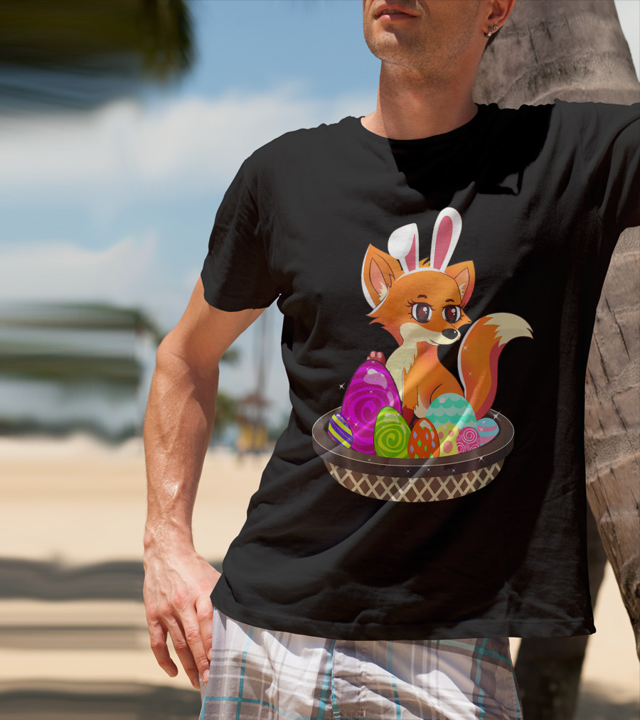 Easter Foxy Fox With Bunny Ears In Basket Of Colorful Eggs T-Shirt