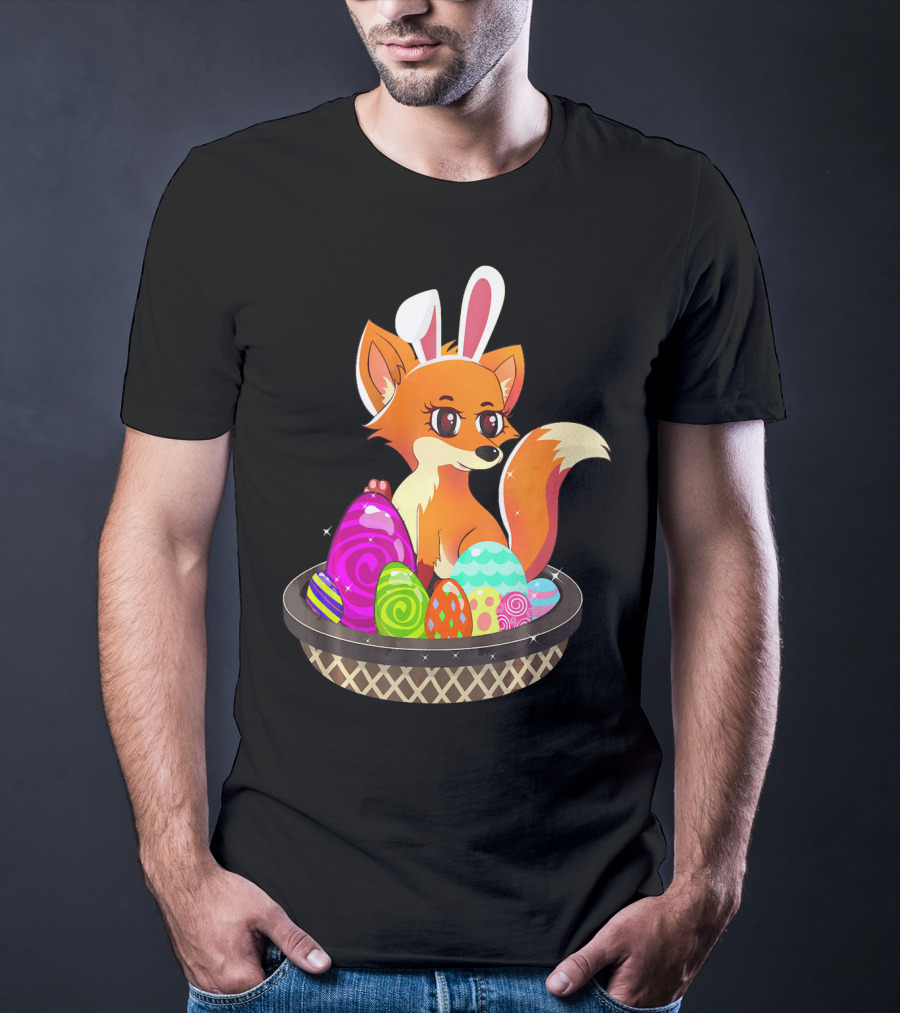 Easter Foxy Fox With Bunny Ears In Basket Of Colorful Eggs T-Shirt
