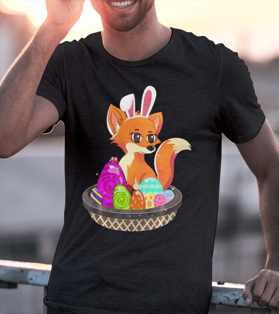 Easter Foxy Fox With Bunny Ears In Basket Of Colorful Eggs T-Shirt