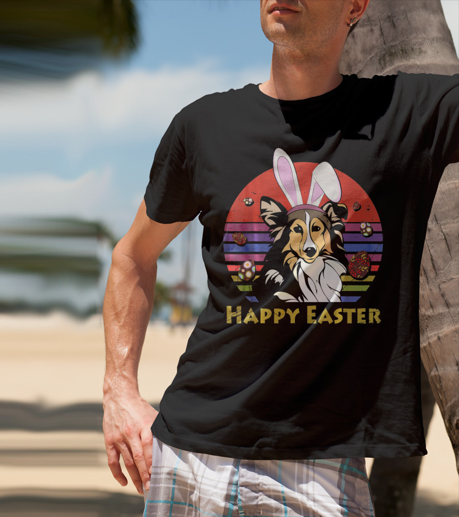 Happy Easter Shetland Sheepdog With Bunny Headband And Colorful Eggs T-Shirt