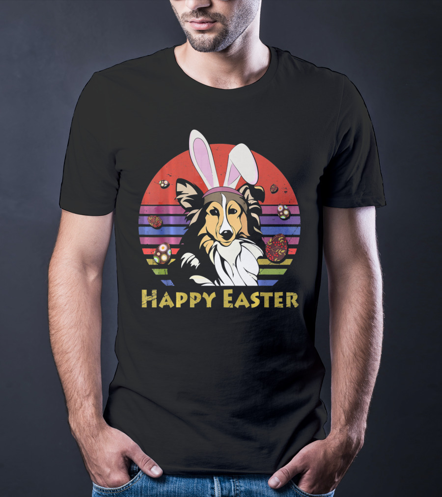 Happy Easter Shetland Sheepdog With Bunny Headband And Colorful Eggs T-Shirt