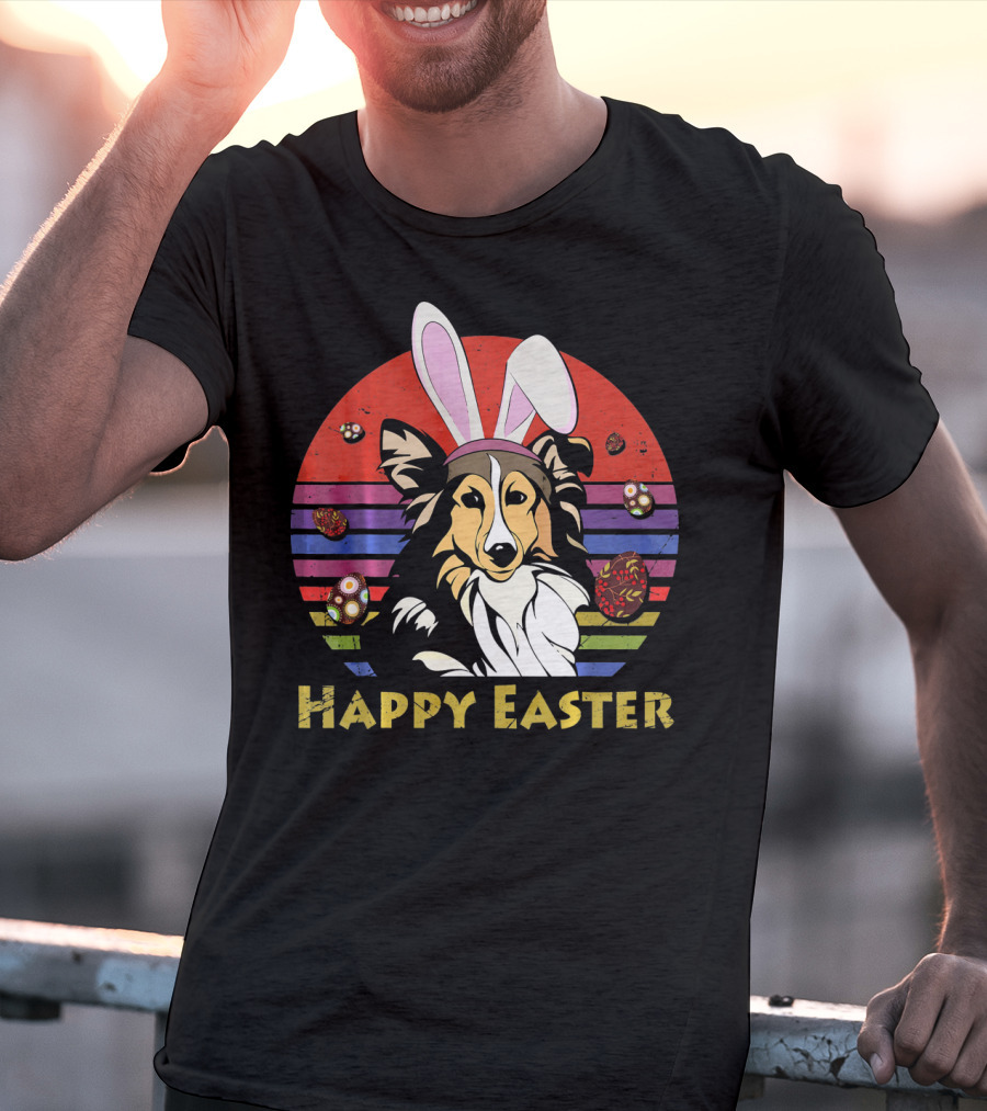 Happy Easter Shetland Sheepdog With Bunny Headband And Colorful Eggs T-Shirt