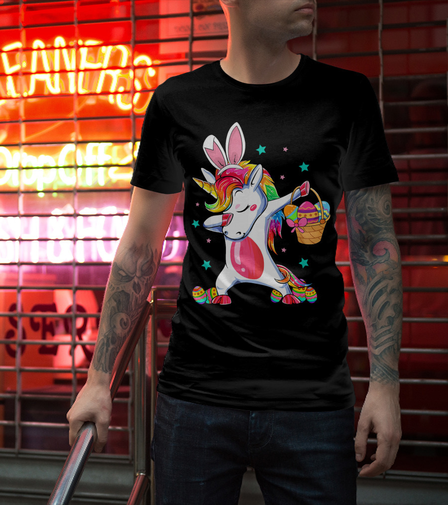 Dabbing Bunny Unicorn With Easter Basket And Eggs Funny Easter Day T-Shirt