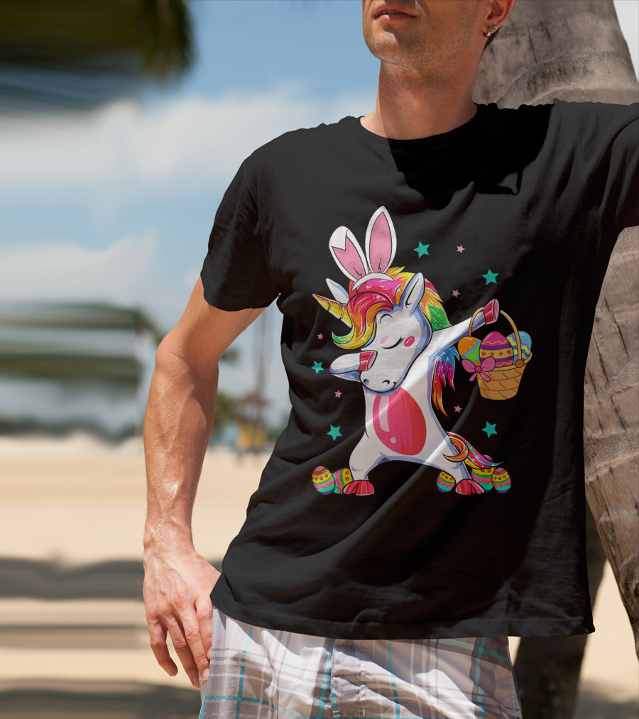 Dabbing Bunny Unicorn With Easter Basket And Eggs Funny Easter Day T-Shirt