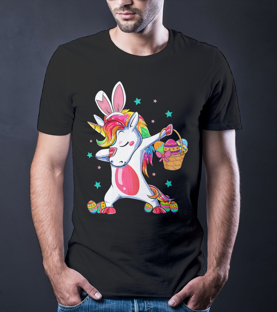 Dabbing Bunny Unicorn With Easter Basket And Eggs Funny Easter Day T-Shirt
