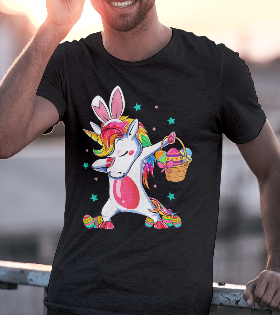 Dabbing Bunny Unicorn With Easter Basket And Eggs Funny Easter Day T-Shirt