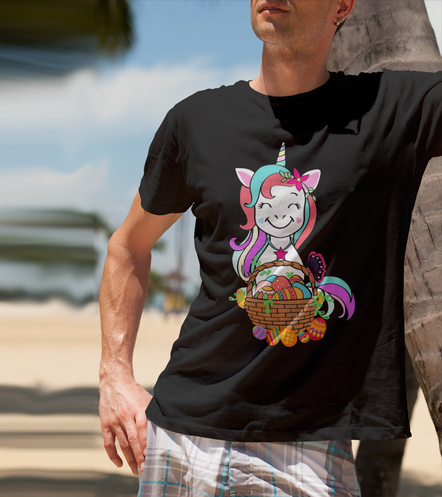 Unicorn Easter Basket With Colorful Eggs And Butterfly T-Shirt
