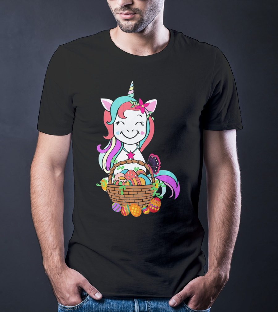 Unicorn Easter Basket With Colorful Eggs And Butterfly T-Shirt
