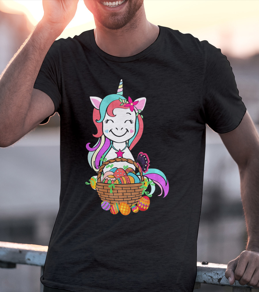 Unicorn Easter Basket With Colorful Eggs And Butterfly T-Shirt