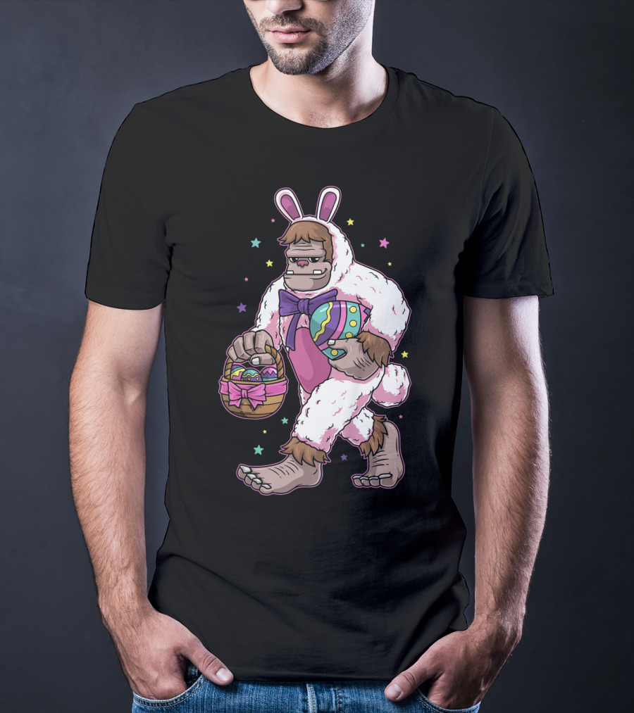 Kids Easter Bunny Bigfoot Sasquatch Basket Eggs Stars T-Shirt