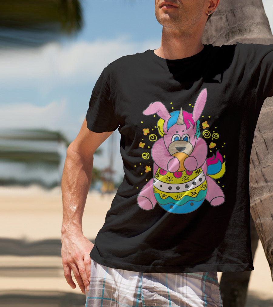Bunny Unicorn Holding Easter Egg Surrounded By Flowers And Swirls T-Shirt