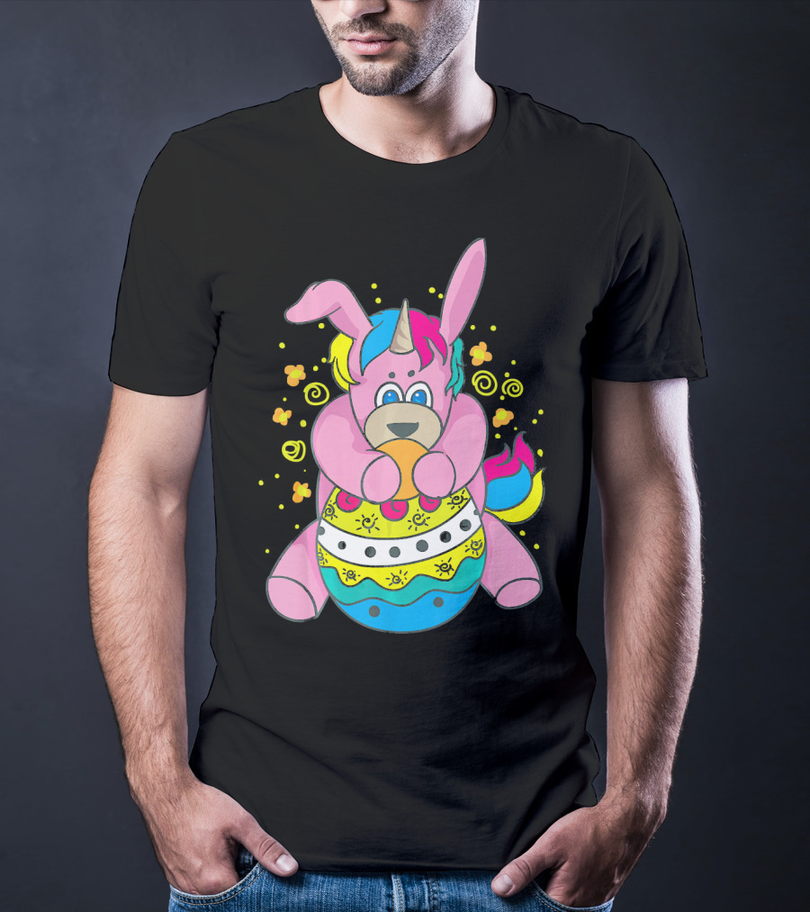 Bunny Unicorn Holding Easter Egg Surrounded By Flowers And Swirls T-Shirt