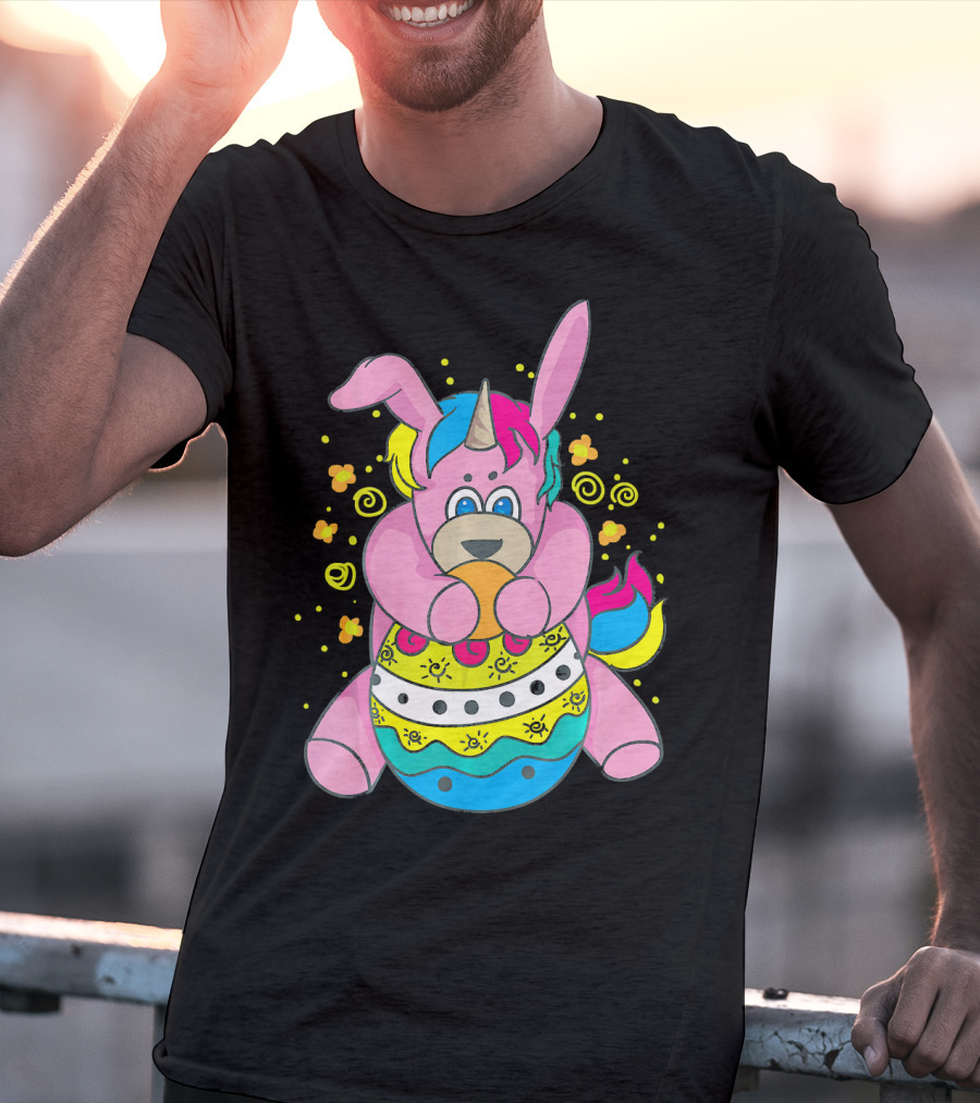 Bunny Unicorn Holding Easter Egg Surrounded By Flowers And Swirls T-Shirt