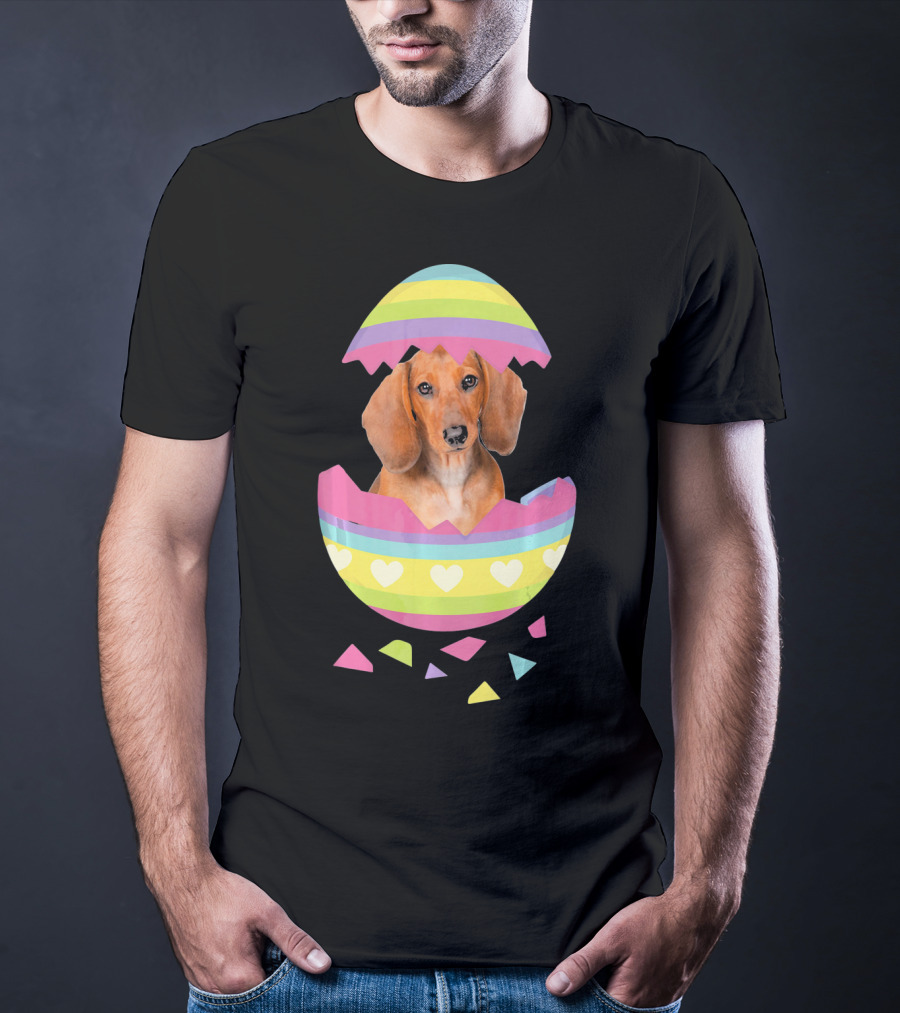 Dachshund In Colorful Easter Egg With Heart Stripes T-Shirt