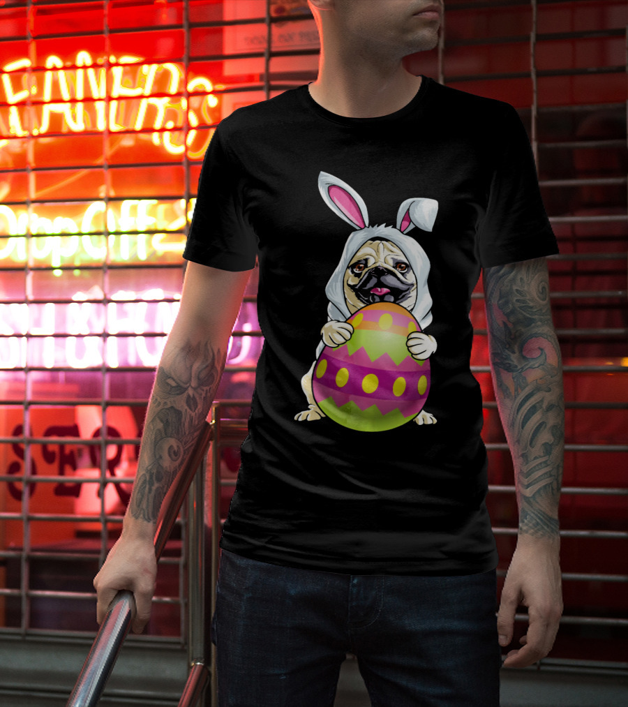 Pug Dressed As Easter Bunny Holding Colorful Easter Egg T-Shirt