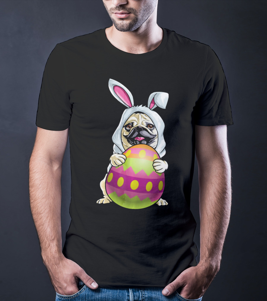 Pug Dressed As Easter Bunny Holding Colorful Easter Egg T-Shirt