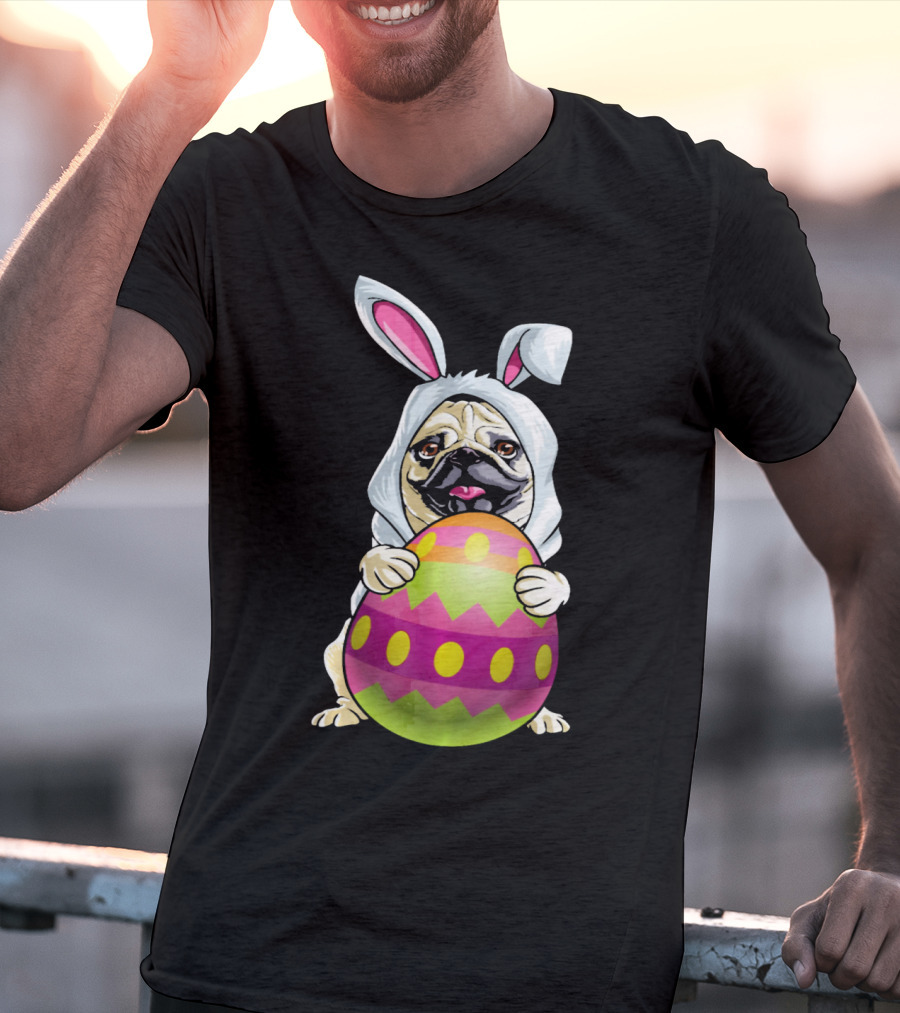 Pug Dressed As Easter Bunny Holding Colorful Easter Egg T-Shirt