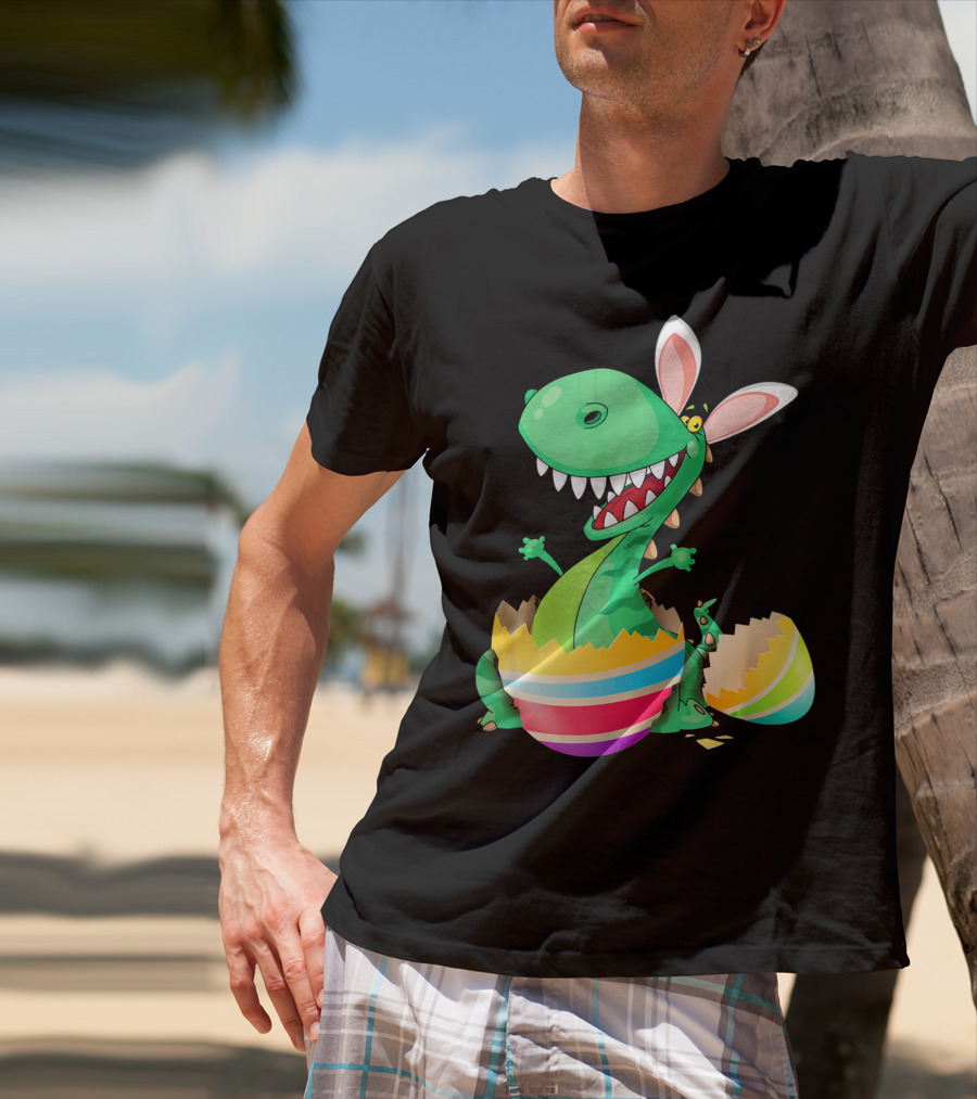 Easter Dinosaur Bunny Emerging From Striped Egg T-Shirt