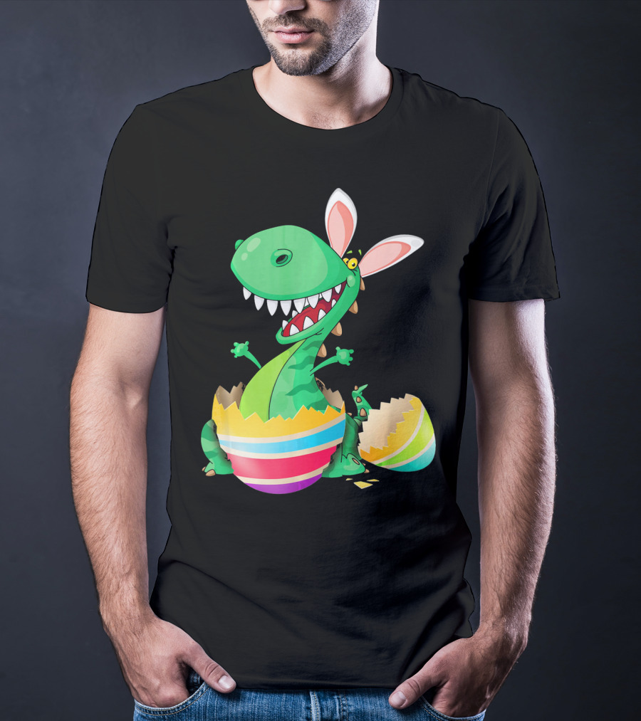 Easter Dinosaur Bunny Emerging From Striped Egg T-Shirt