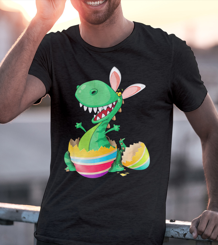 Easter Dinosaur Bunny Emerging From Striped Egg T-Shirt